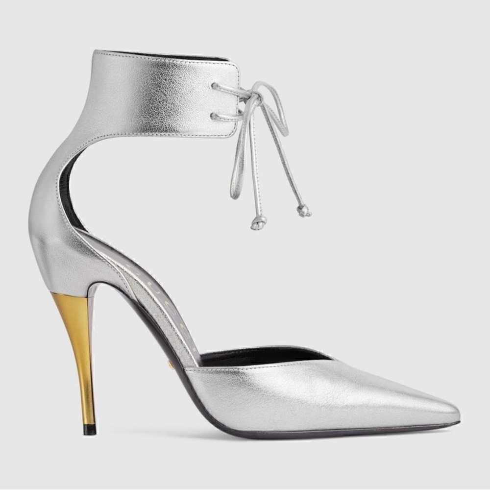 Gucci Silver and Gold Ankle Strap Heels